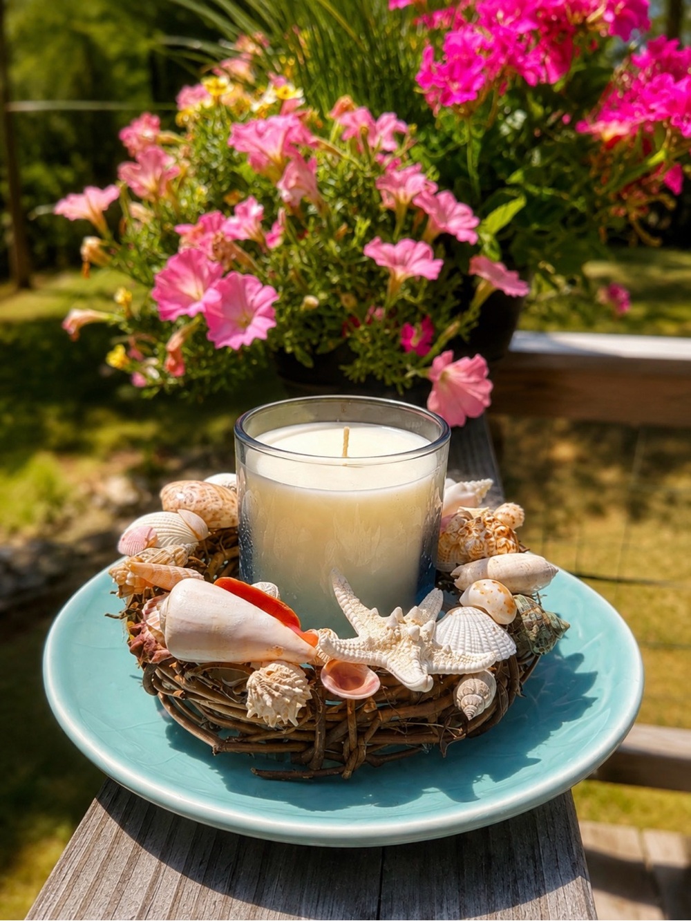 Coastal SeaShell Candle Centerpiece Wreath on Portugal SeaHorse Plate